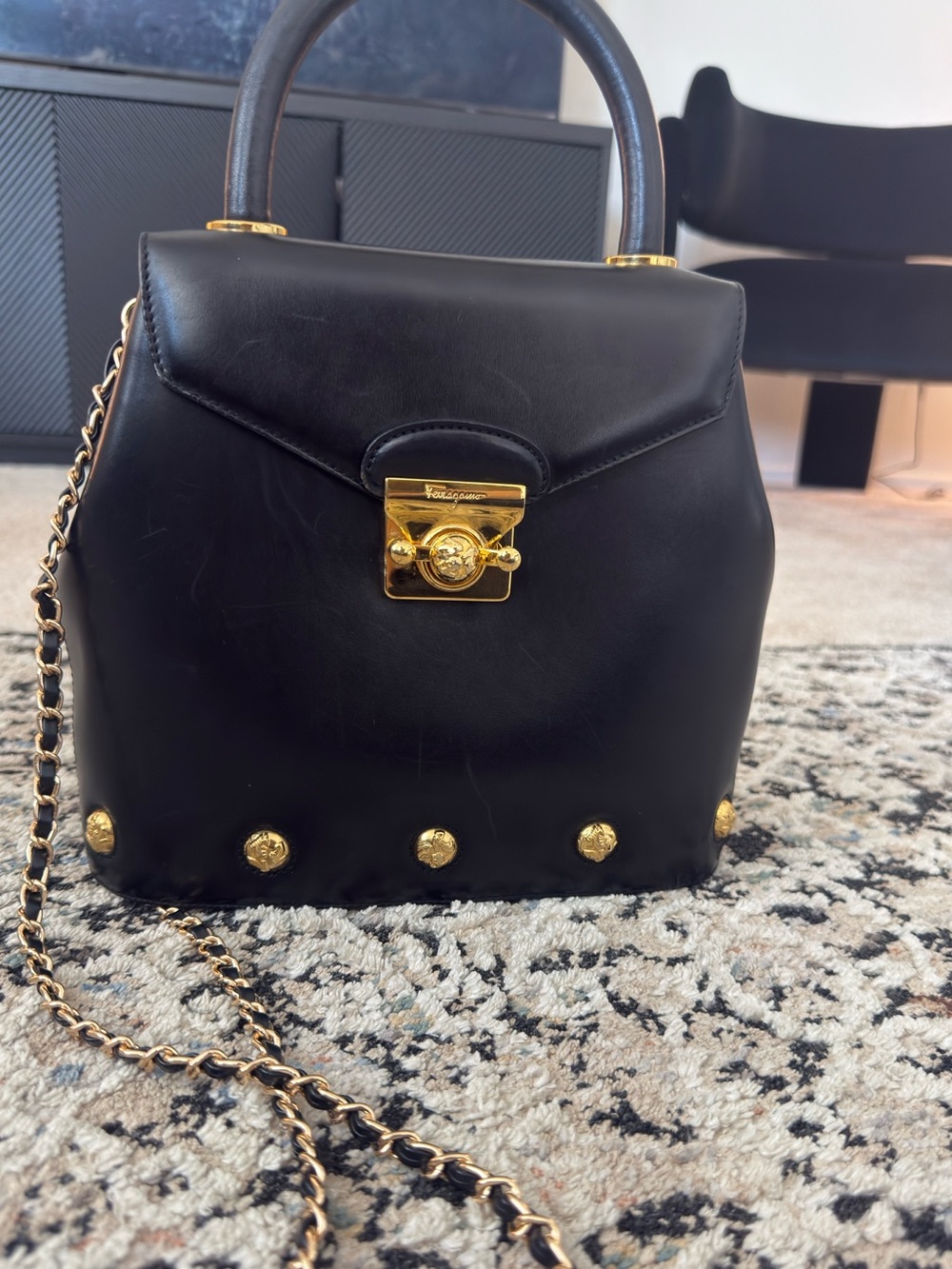 Salvatore Ferragamo Black Leather Crossbody with Gold Hardware and Studs